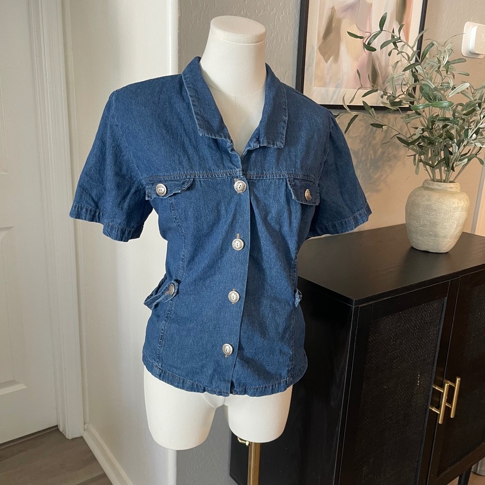 Bedford Fair Denim Shirt Women Large P Blue Excellent Short Sleeve Button Front